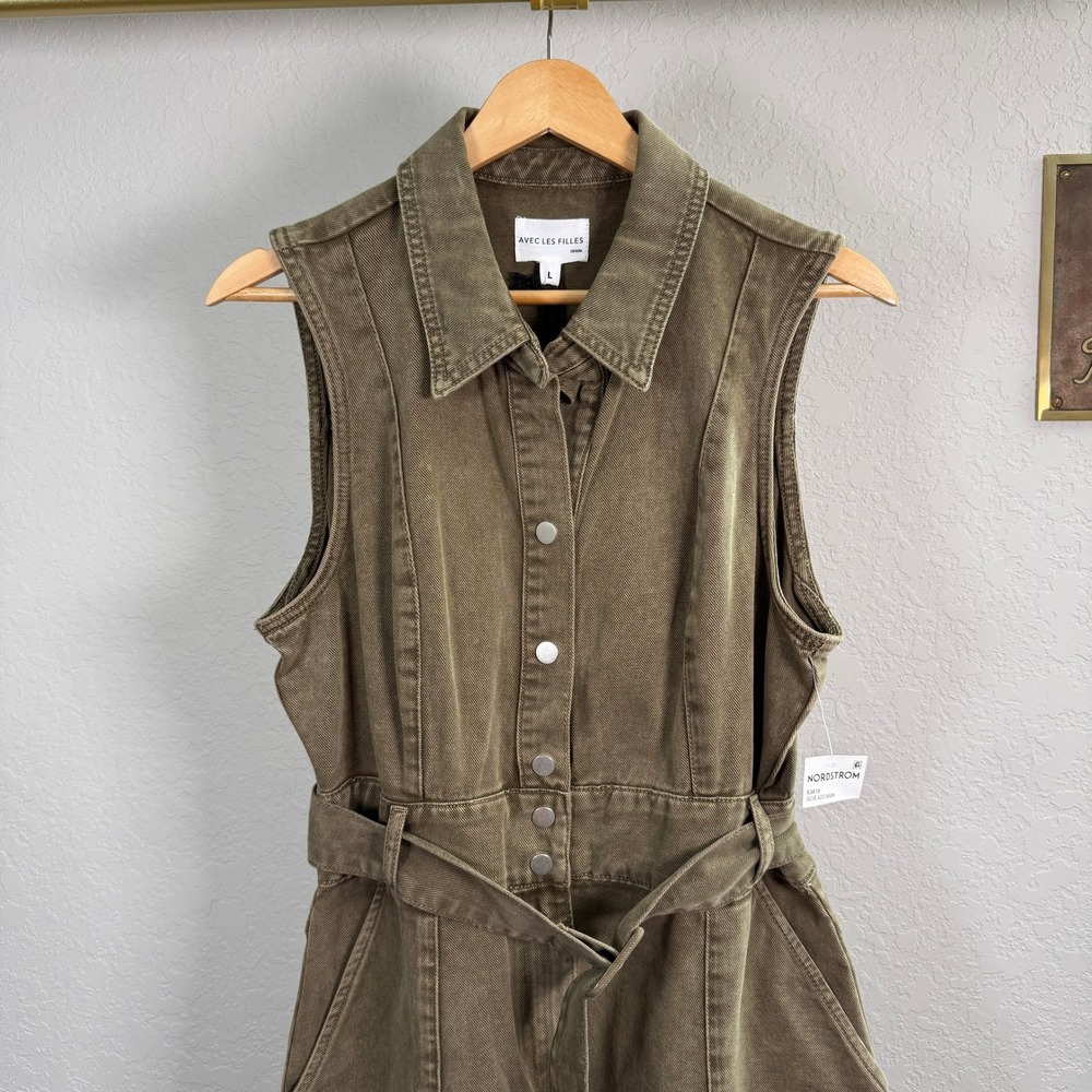 Avec Les Filles Denim Romper Olive Green Sleeveless Belted Utility Snap‎ Front L - Picture 2 of 10